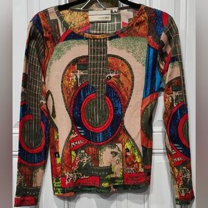 Vintage Carrie Allen 90s Bling Guitar Print Long Sleeve Ribbed Blouse Women's M